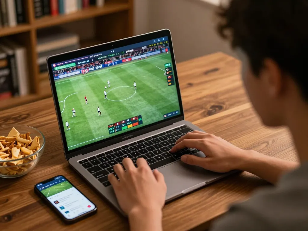 Socolive user placing sports bets online during a live football match on their laptop, showcasing a strategic betting atmosphere.