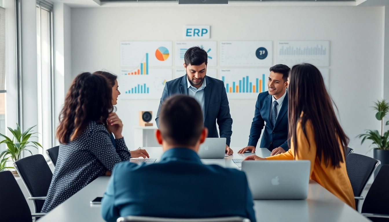 Innovative team strategizing around ERP çözümleri in a modern office.