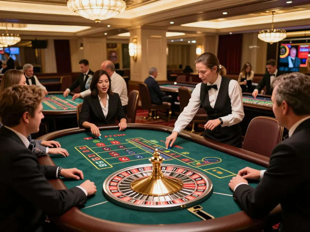 Engaged players at VT 88 roulette tables experiencing high-stakes excitement in a luxurious casino atmosphere.