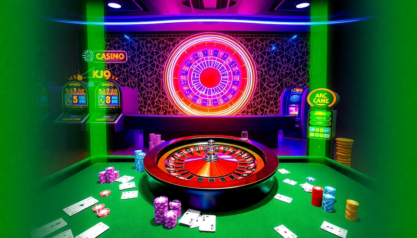 Casino scene depicting KJC AC 1 with vibrant slot machines and card tables.