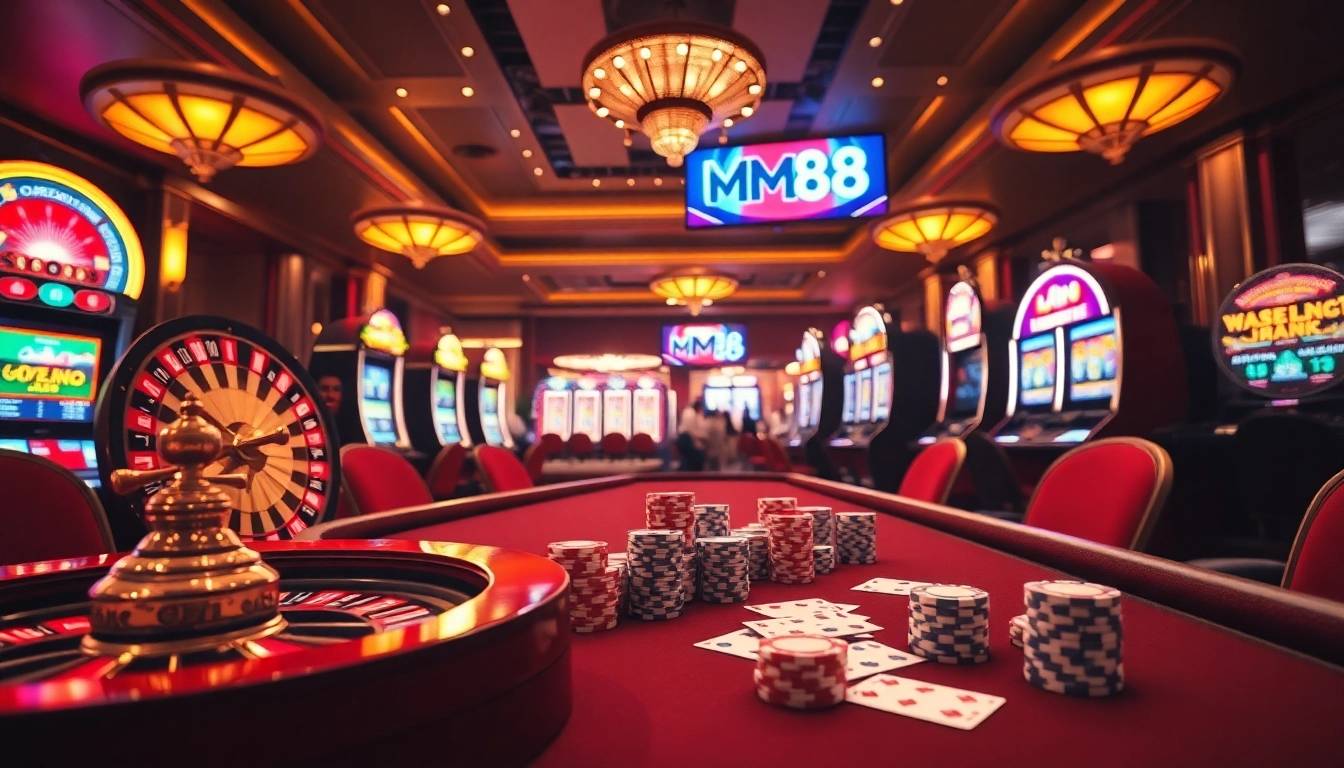 Experience the thrill and excitement of nhà cái MM88 in this luxurious casino setting with vibrant games.