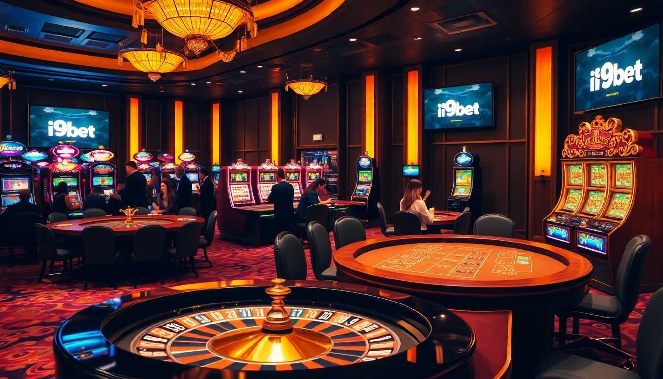 Experience the thrill of i9bet at a vibrant casino with roulette, poker, and betting screens.