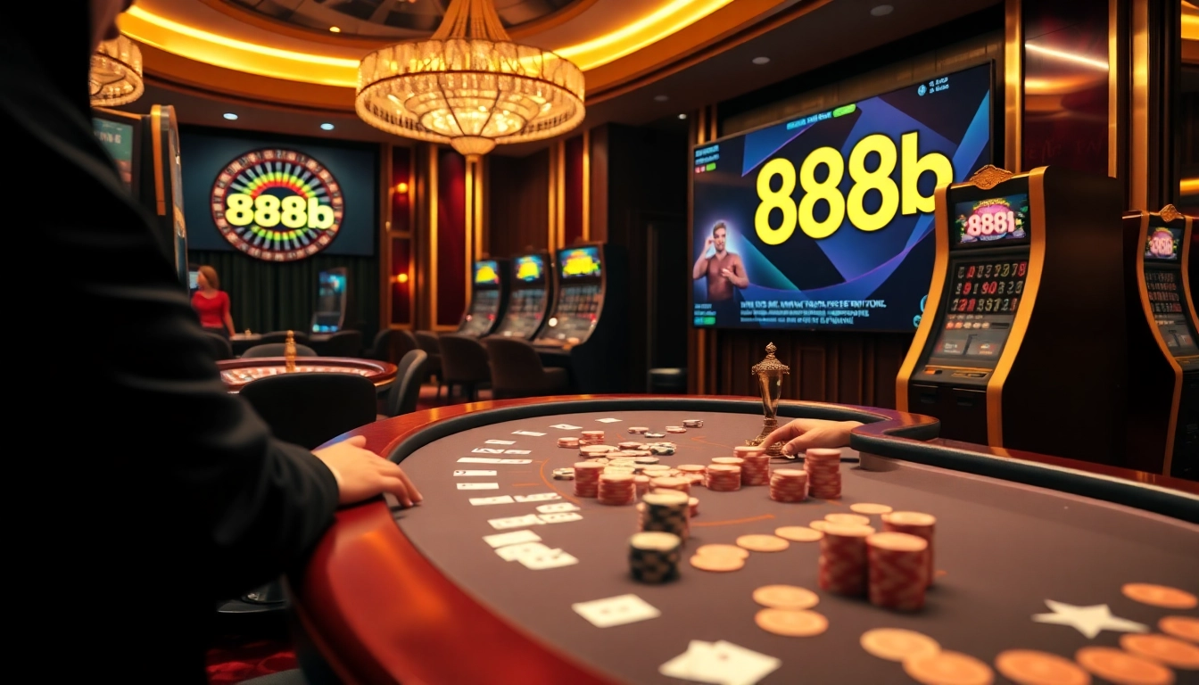 Engaging casino scene featuring 888b gambling tables, poker chips, and a roulette wheel.