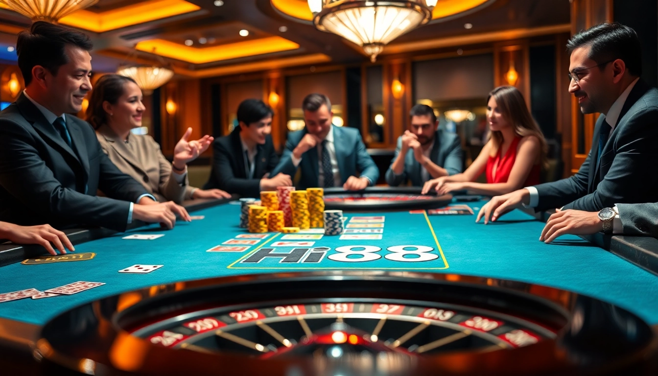 Hi88 players engaging in an exciting poker game at a luxurious casino table.