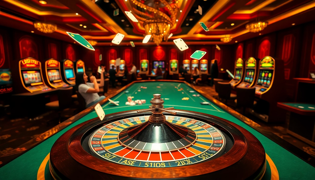 Exciting gambling action at https://789win.apartments/ with vibrant roulette and slot machines in a luxurious casino setting.