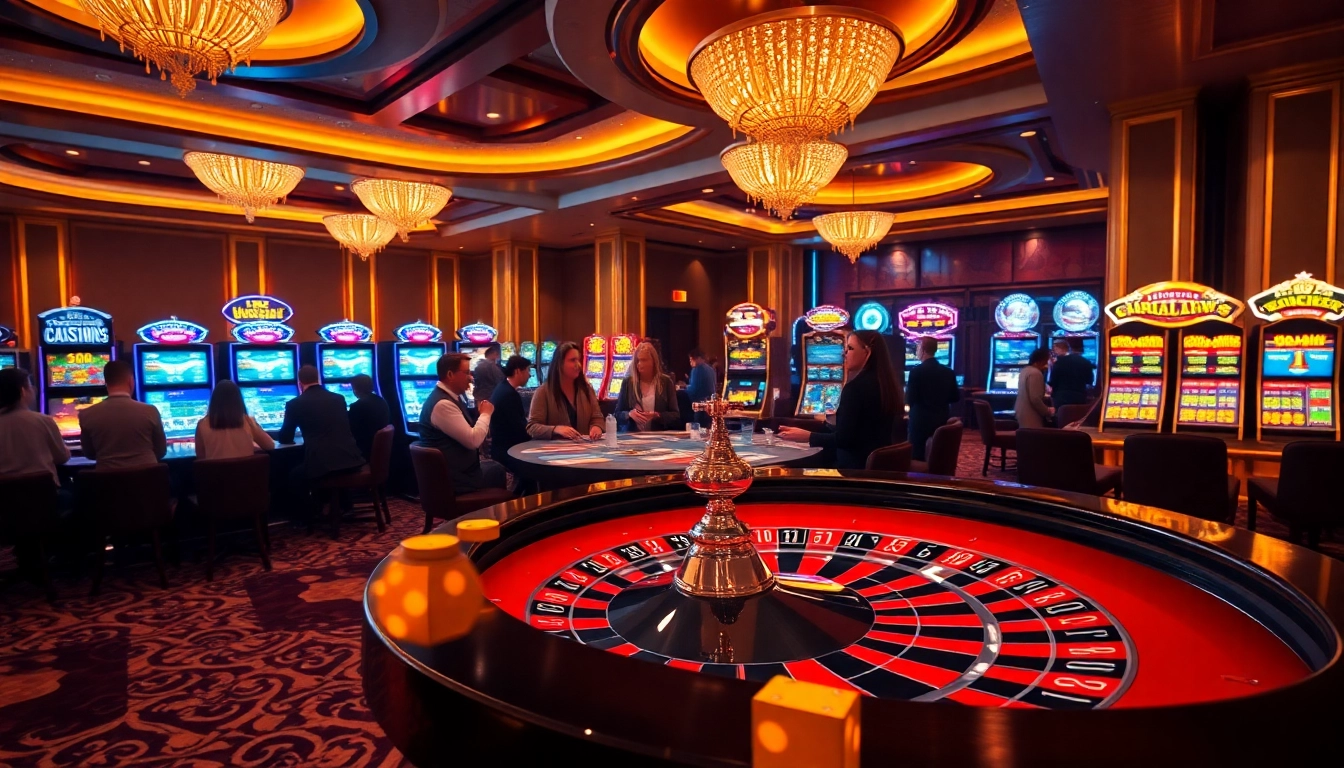 Players enjoying thrilling games at fun79 casino with roulette and slot machines.