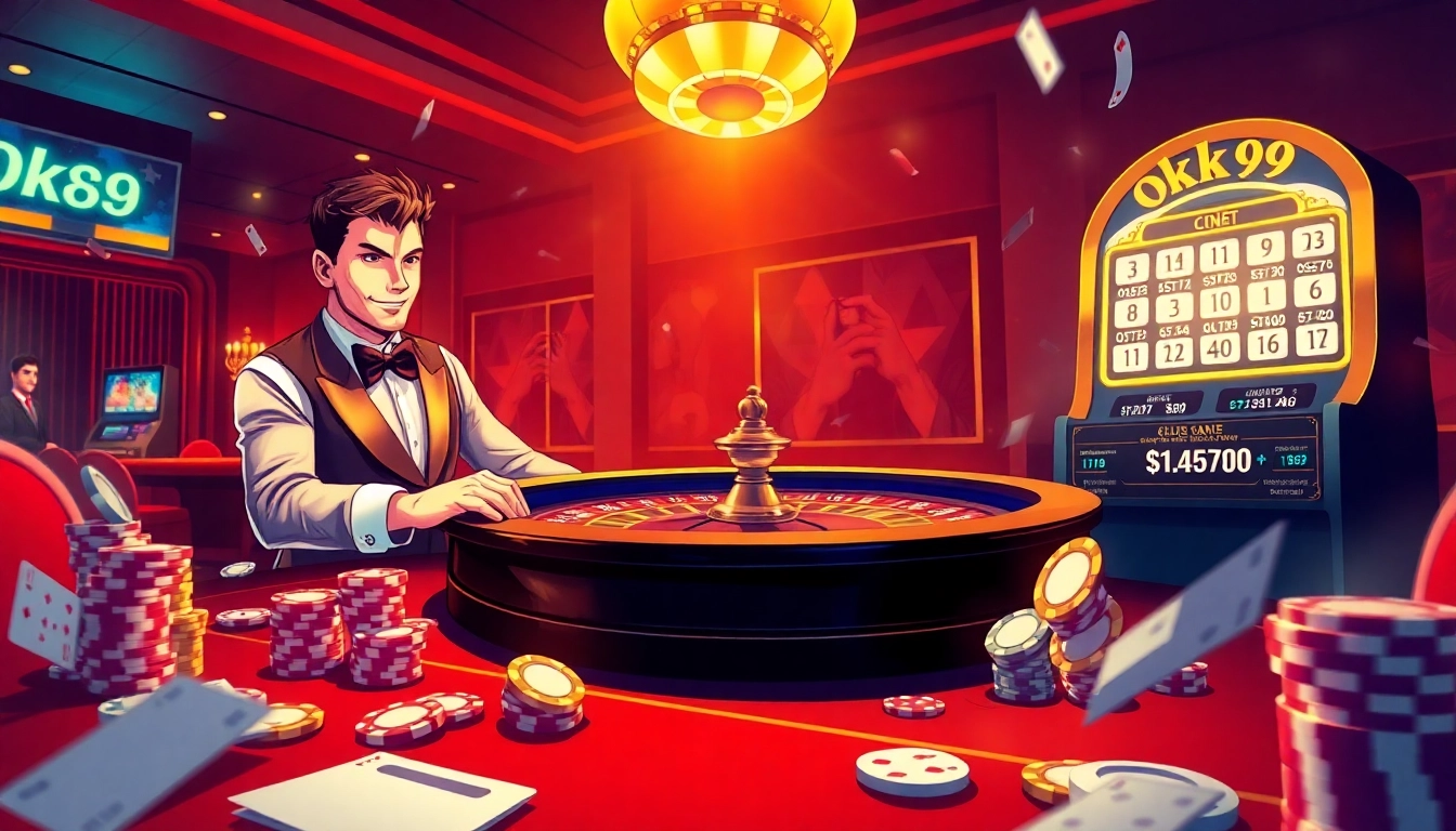 Experience the thrill of Ok99 at this vivid casino scene featuring roulette and poker.