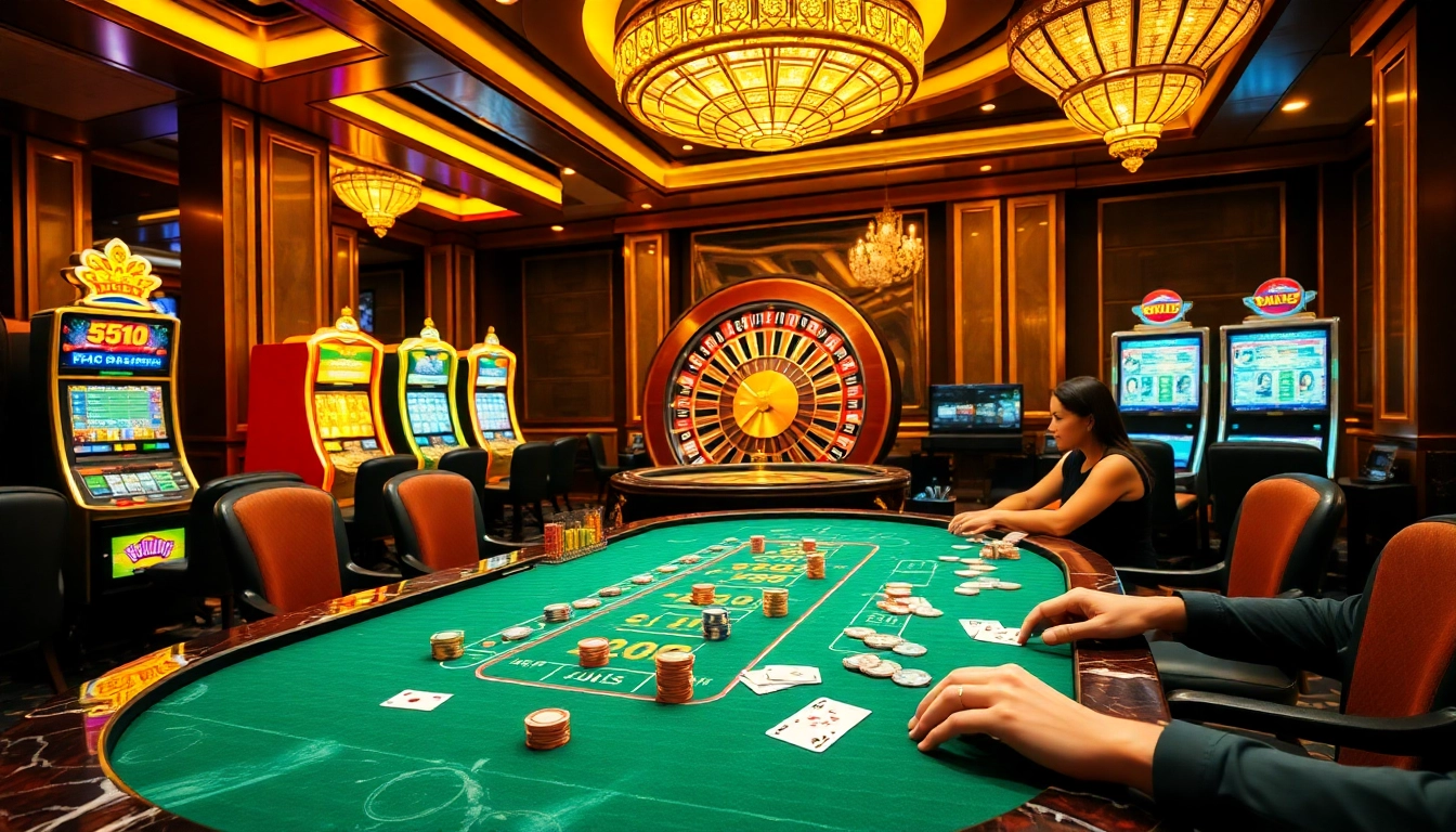Scene depicting excitement at nhà cái bet88 with poker players, roulette wheel, and colorful chips.
