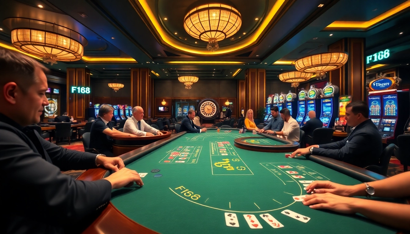 Engaged players enjoying a luxurious F168 casino experience with vibrant tables and exciting games.
