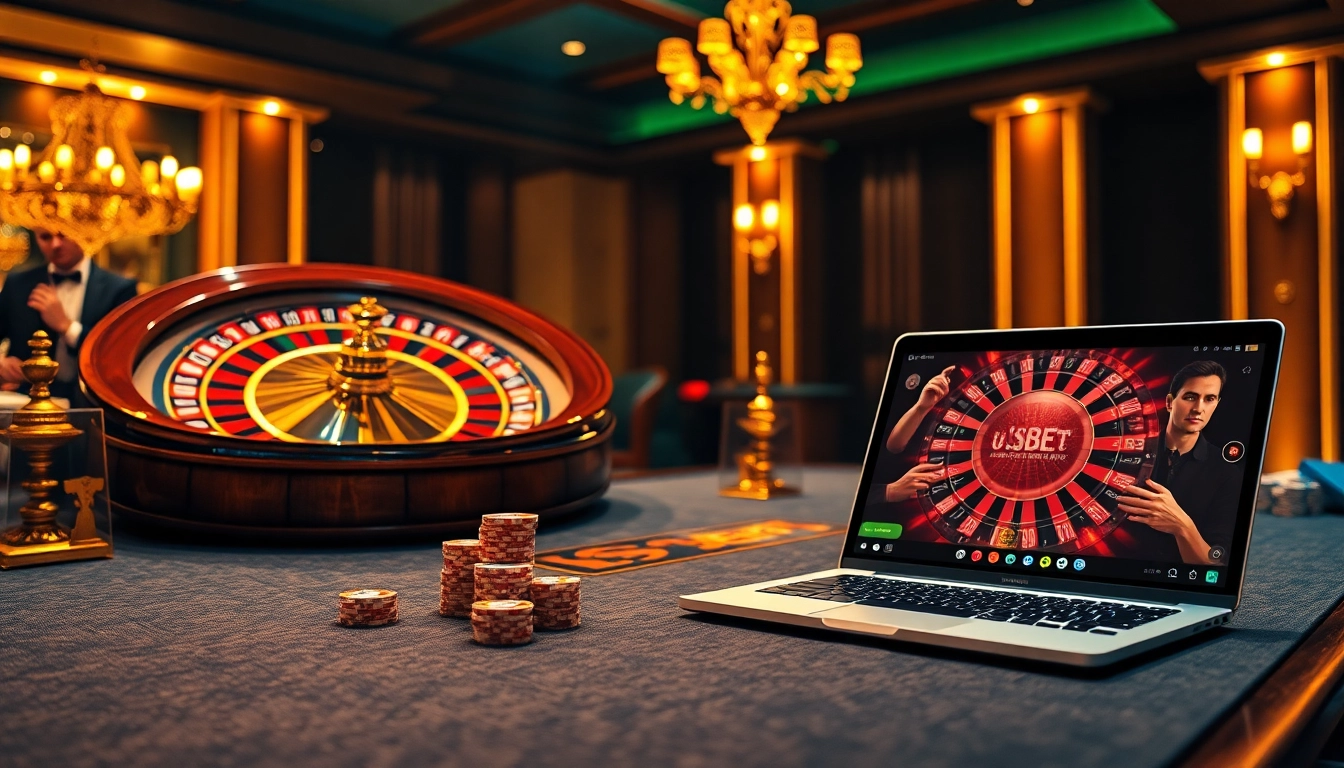 Experience the thrill of usbet gaming with our vibrant casino scene featuring poker, roulette, and online betting elements.