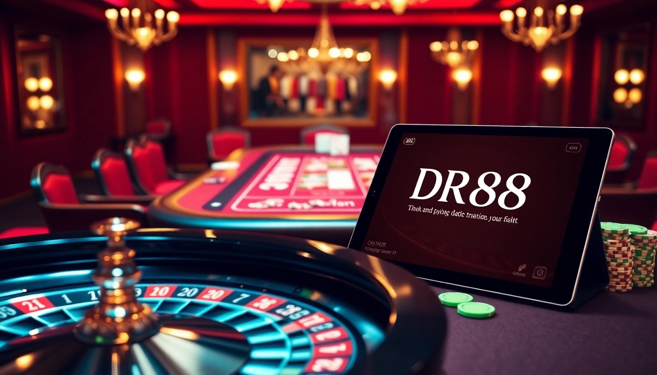 Experience the luxury of DR88 casino with vibrant chips and an elegant roulette wheel.