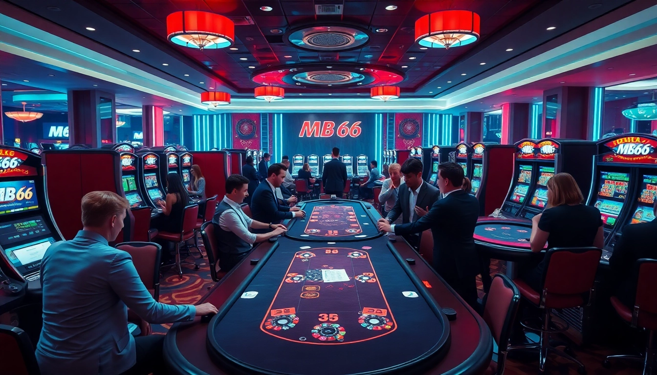 Players enjoying thrilling games at MB66 casino, with vibrant tables and elegant atmosphere.