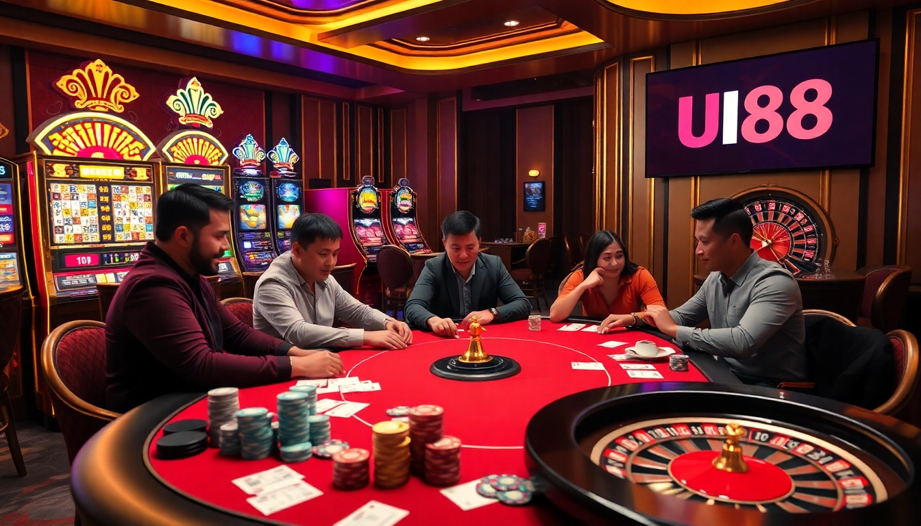 Excited players at a UU88 poker table enjoying a thrilling game experience.