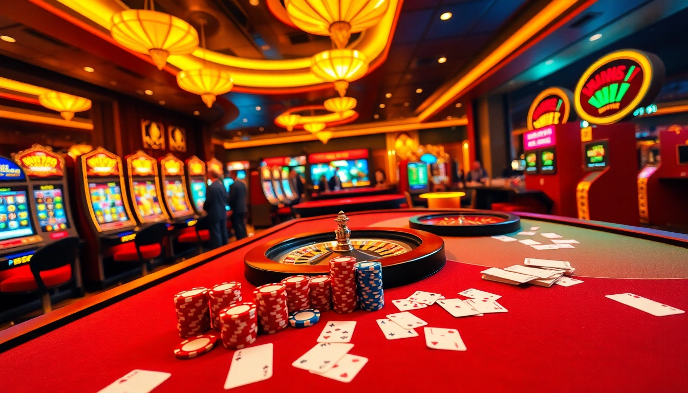 Experience an exciting gaming atmosphere with win79 game bài đổi thưởng filled with poker chips and roulette tables.