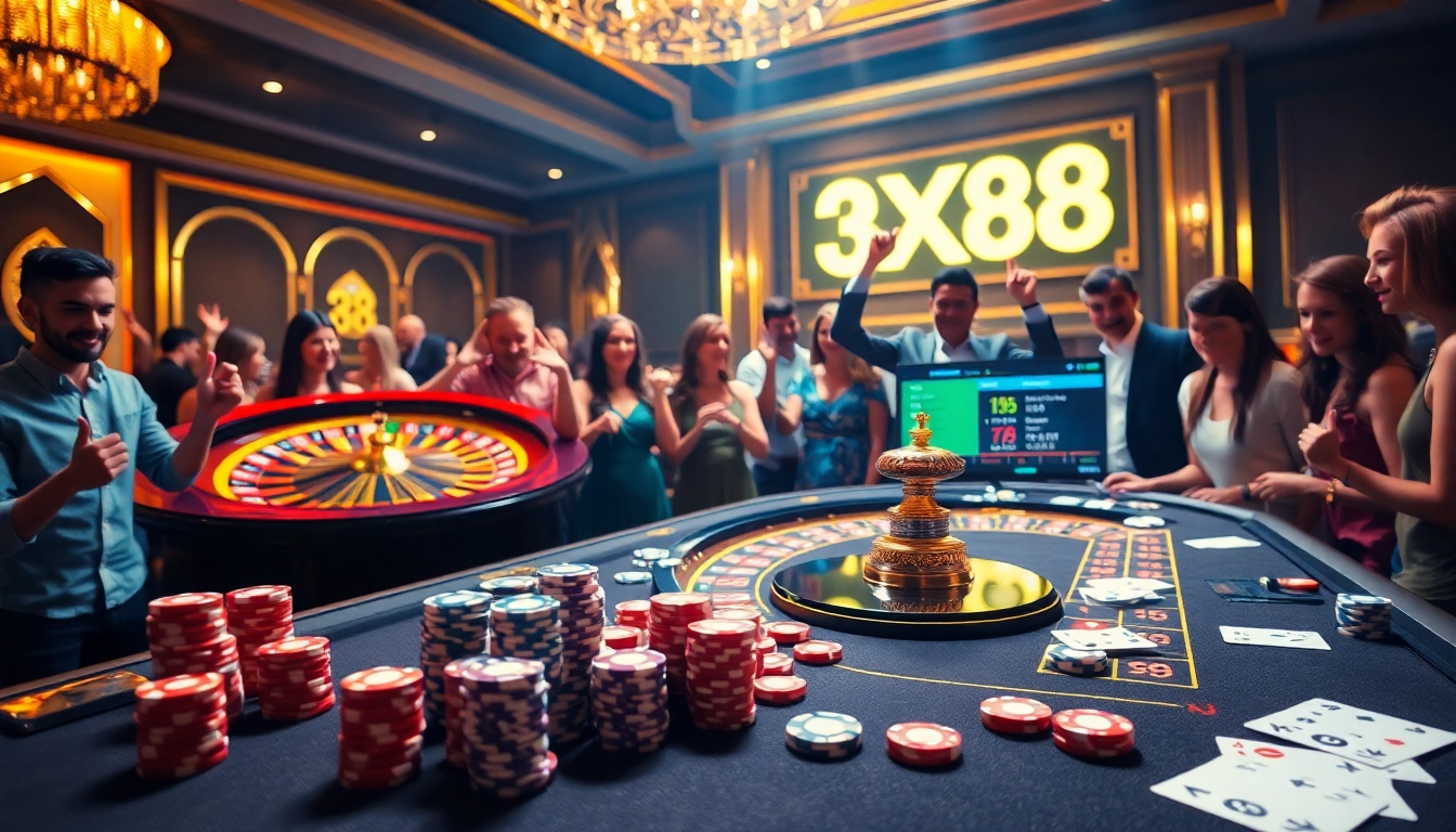 Gamblers celebrating wins at the XX88 casino table with vibrant poker chips and roulette wheel.