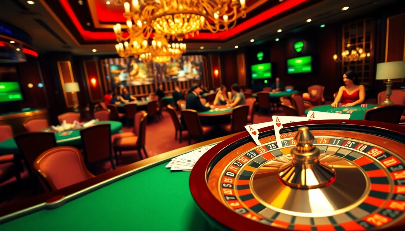 Experience the excitement of Jun88 casino with vibrant gaming tables and players engaged in thrilling games.
