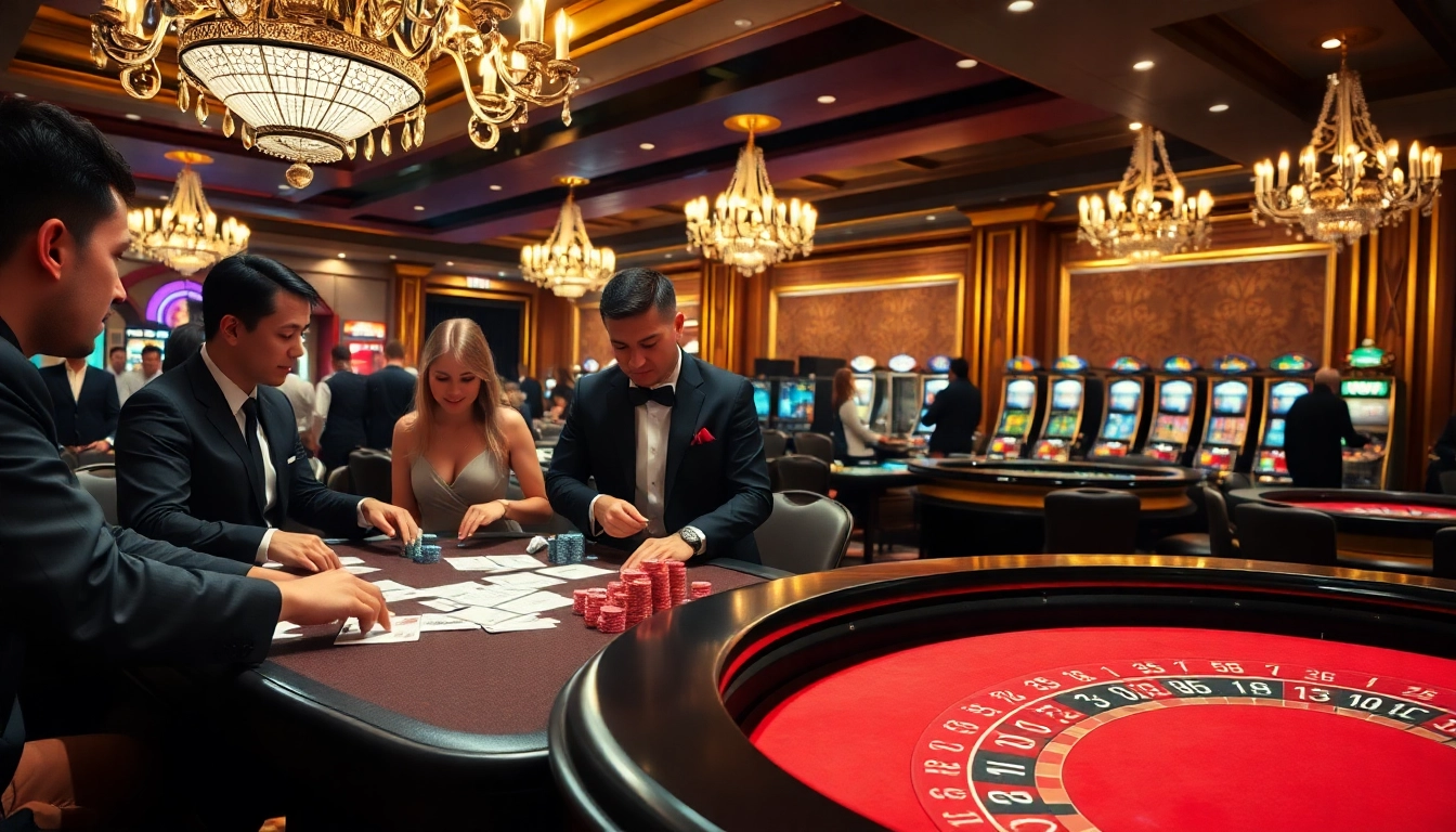 Players enjoy an energetic baccarat game at Lc88 casino, with colorful chips and betting slips.