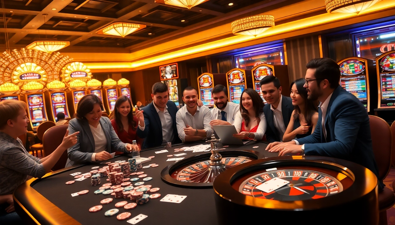 Players engaging with rikvip casino games at a luxurious table setup with vibrant decor.