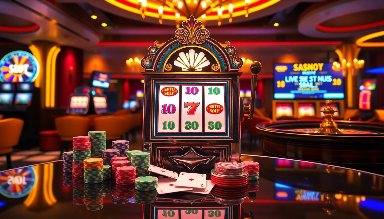 Engaging 슬롯커뮤니티 visuals featuring a vibrant slot machine surrounded by poker chips and cards.