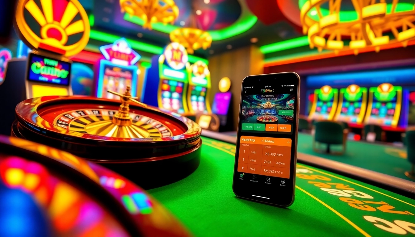 Experience the exciting atmosphere of F8bet casino with a roulette table and vibrant slot machines.