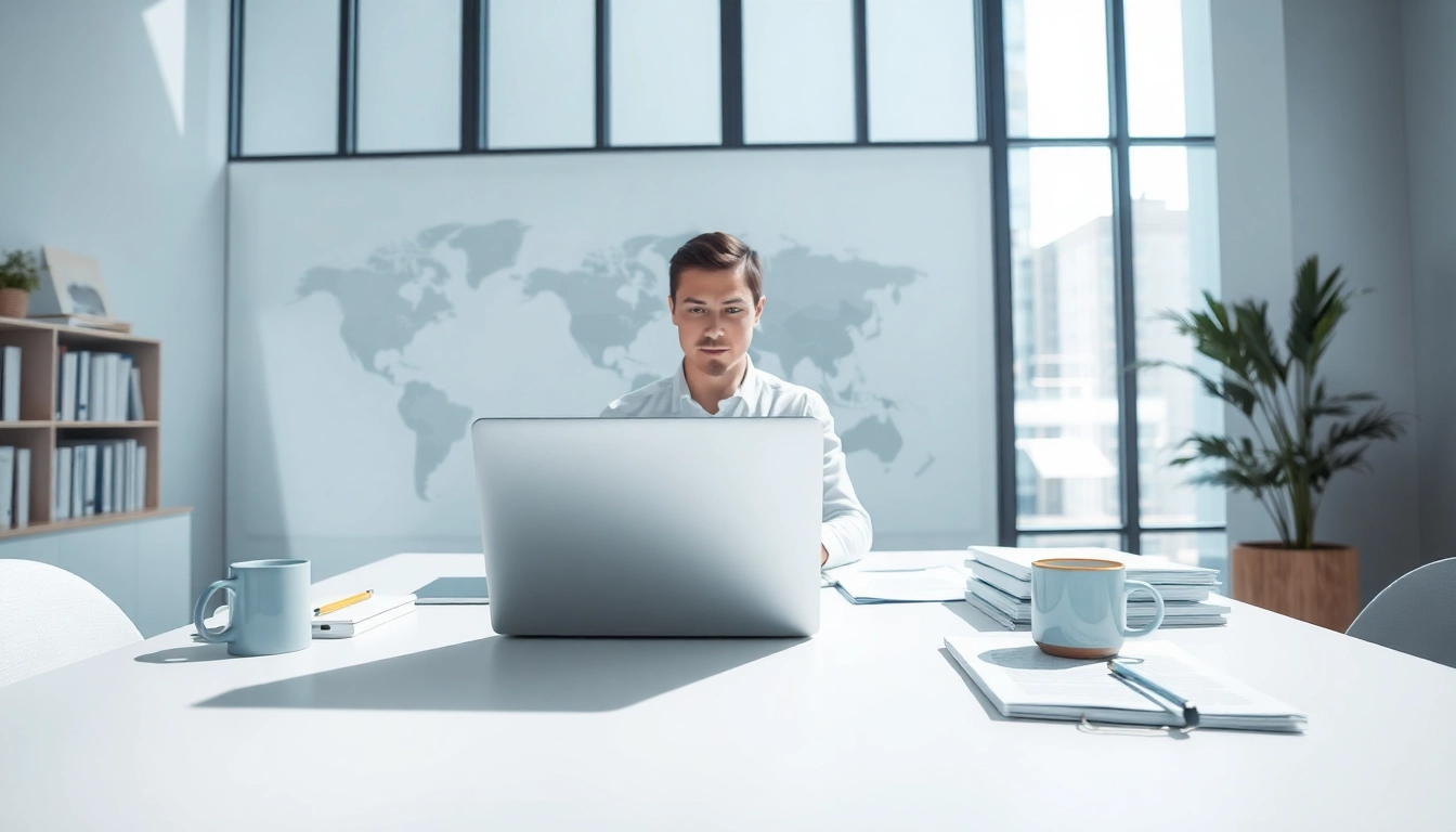 Certified translation in a modern office setting with a professional translator at work.