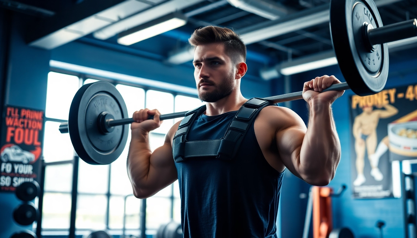 A weightlifter utilizing a shoulder brace for weightlifting, demonstrating support and functionality in a gym.