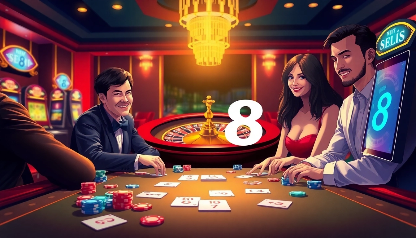 Experience thrilling gaming at Nhà cái S8 casino with vibrant tables, poker chips, and a roulette wheel.