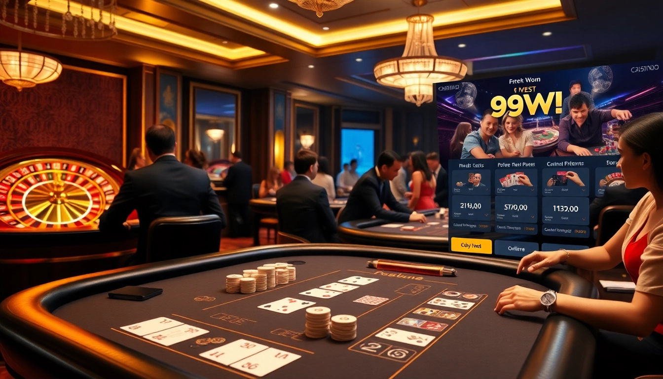 Players enjoying a thrilling game at 99 WIN casino, with vibrant roulette and blackjack tables.
