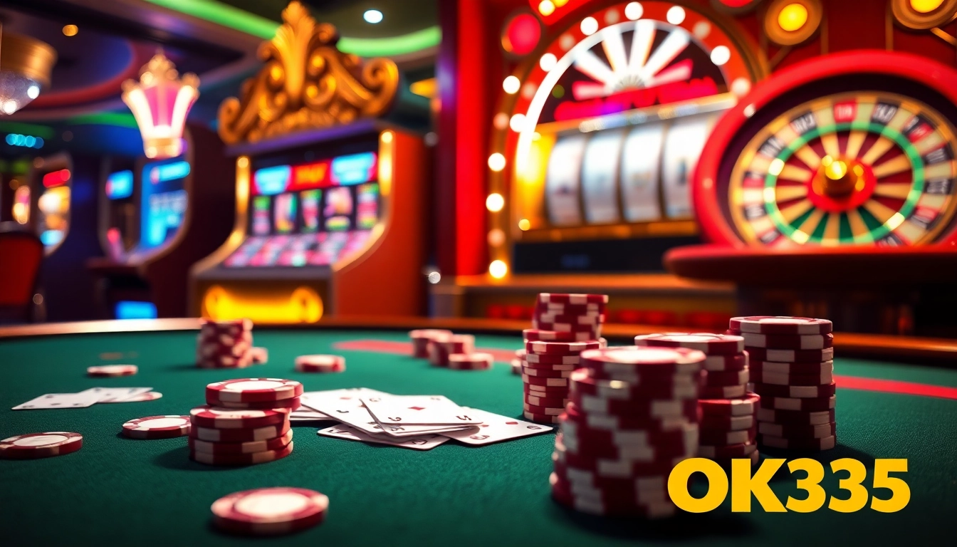 Experience high-stakes action at OK365 com with a luxurious casino featuring poker tables and vibrant slot machines.