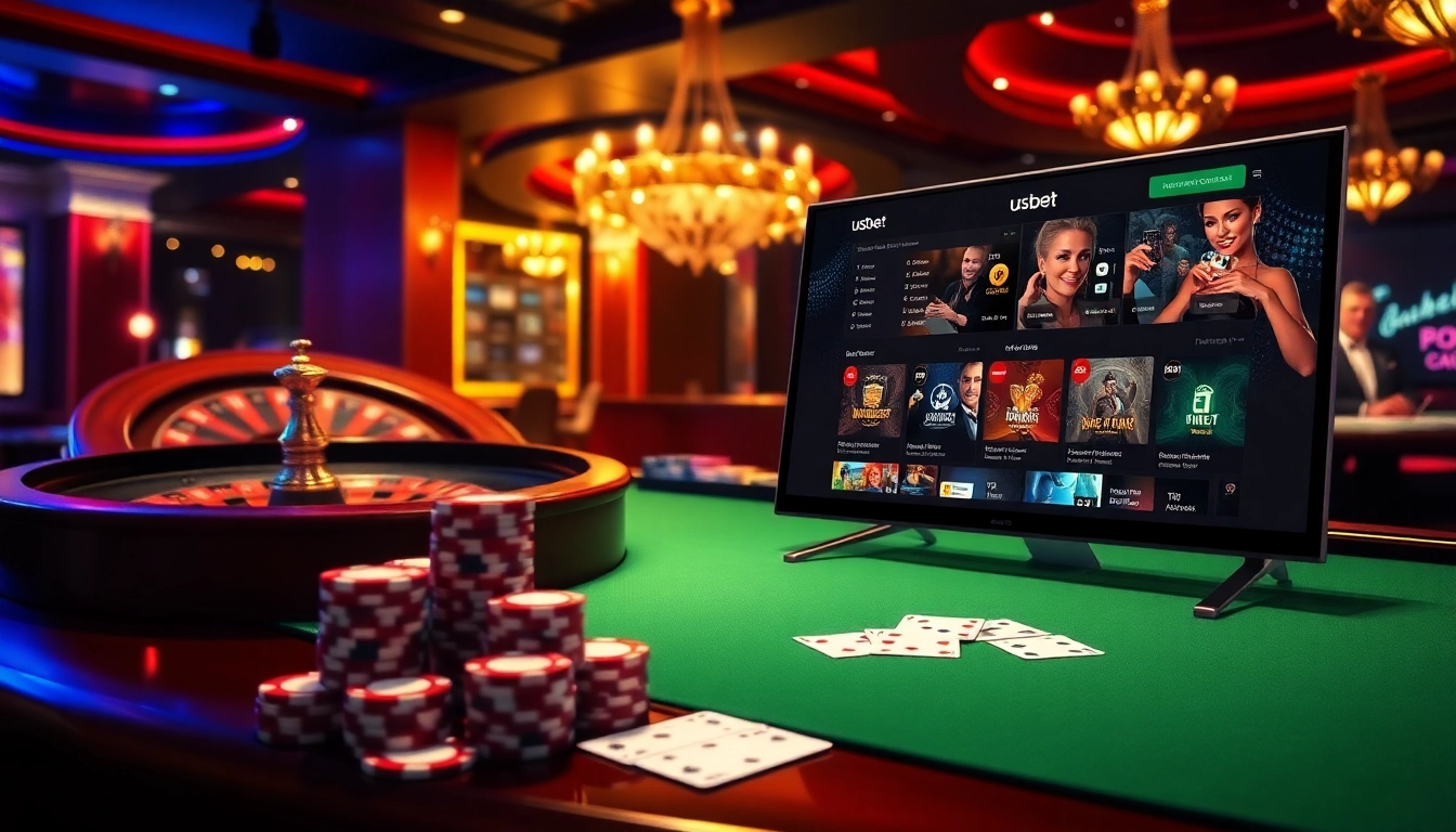 Exciting gambling experience with usbet showing poker chips and a roulette wheel in a luxurious casino.