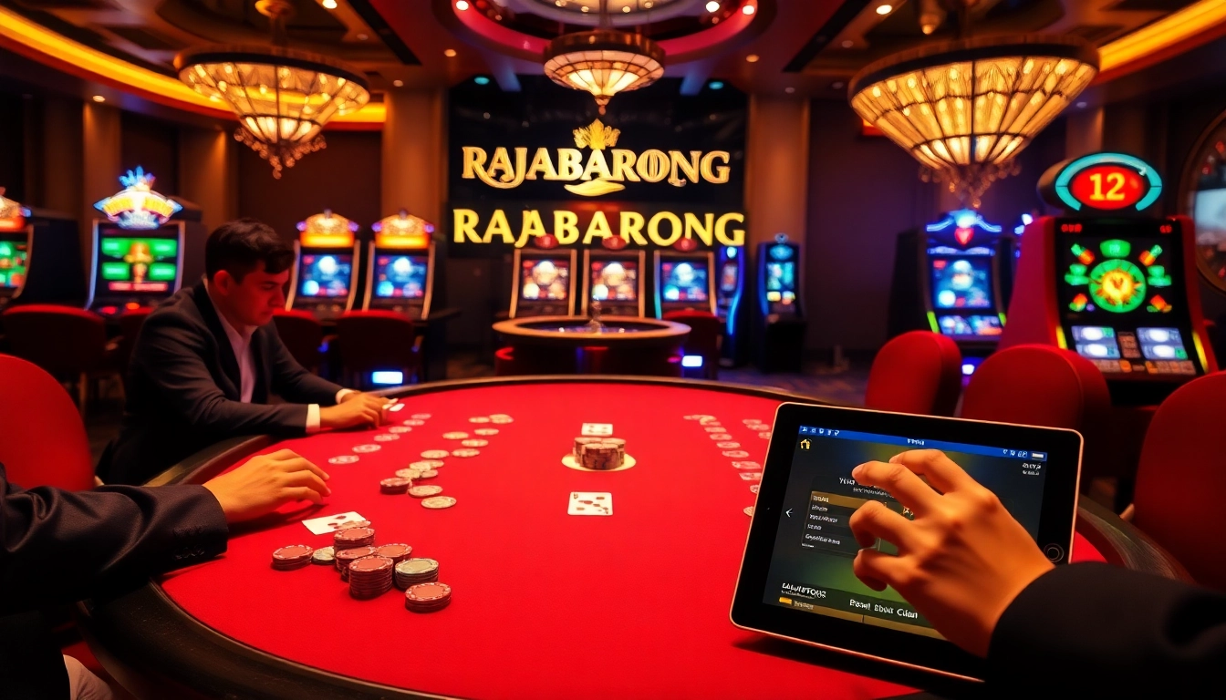 RAJABARONG showcasing an exciting high-stakes poker game with vibrant poker chips and cards.