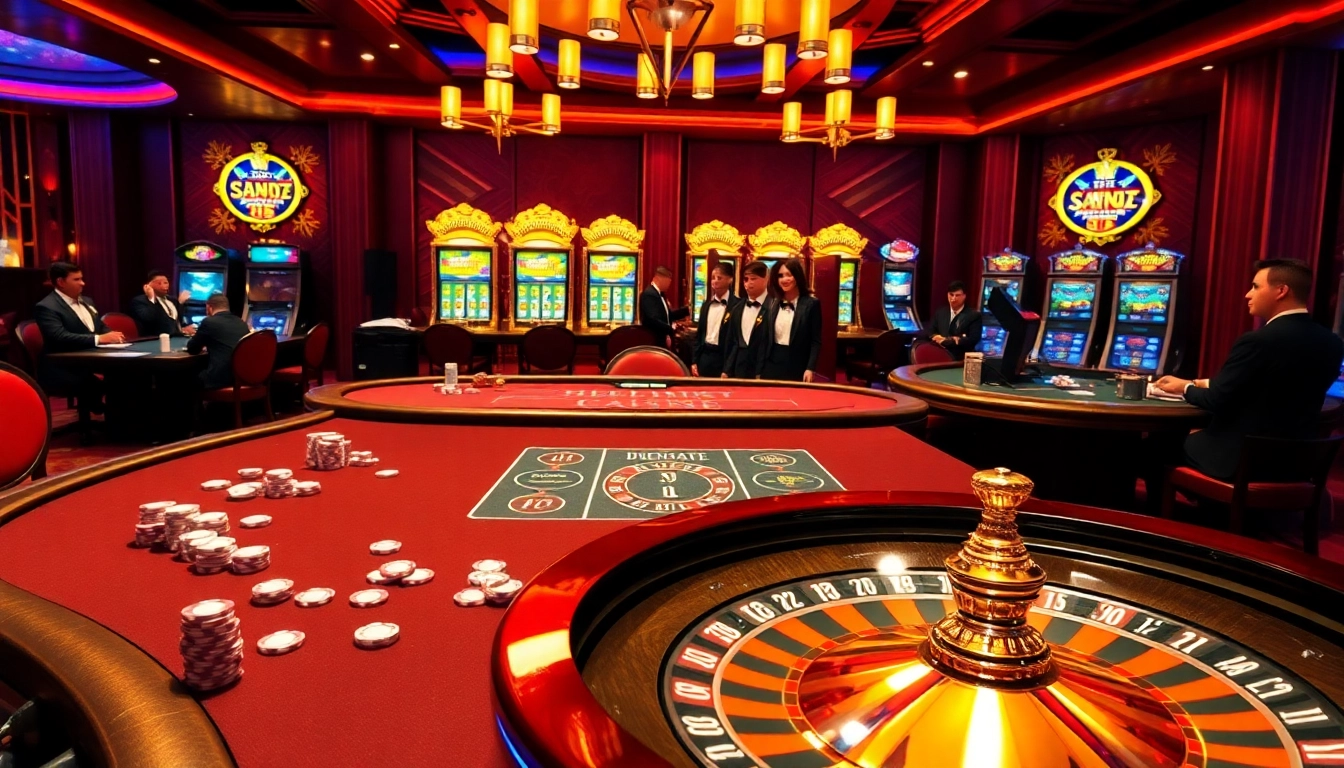 Engaging casino scene emphasizing excitement and luxury at link sv88 featuring a roulette wheel and blackjack table.