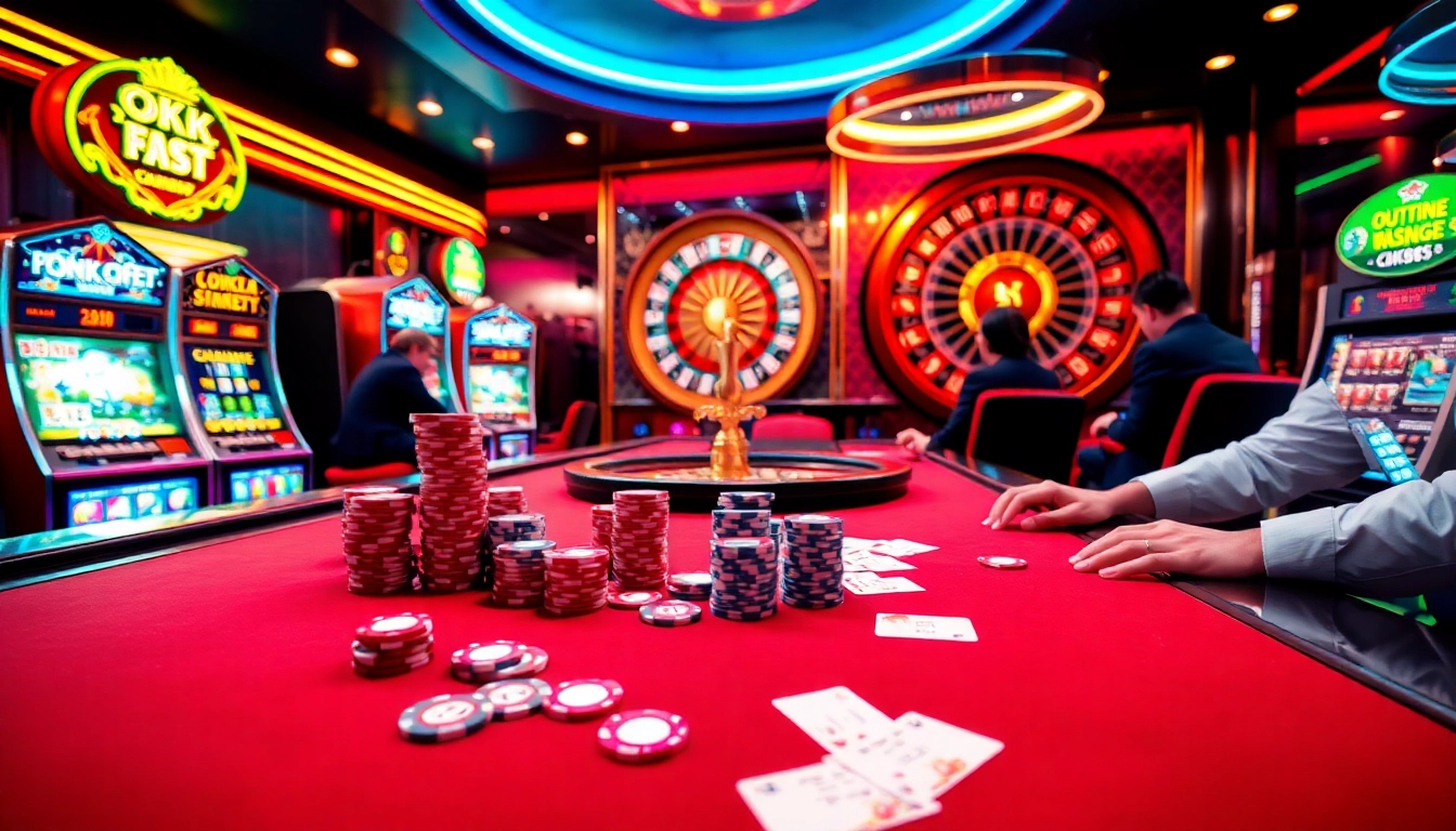 Players engage in a thrilling poker game at OK365, set against a luxurious casino backdrop.