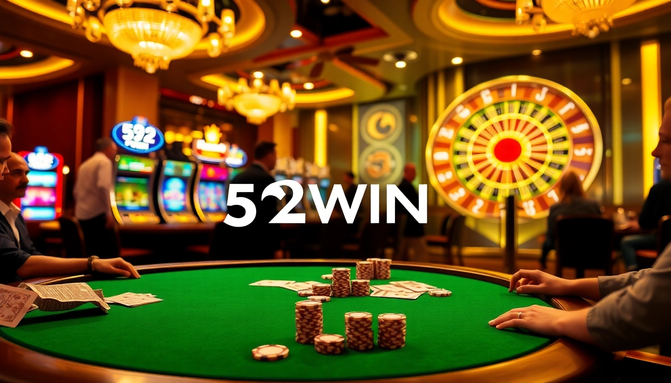 Players enjoying poker at a 52WIN casino table, with bright slot machines in the background.