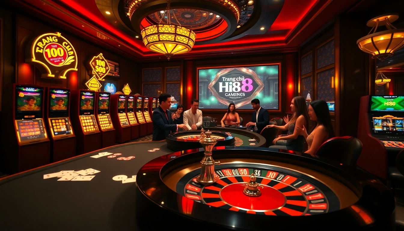 Engaging scene of players at Trang chủ Hi88 casino, enjoying poker and roulette action.