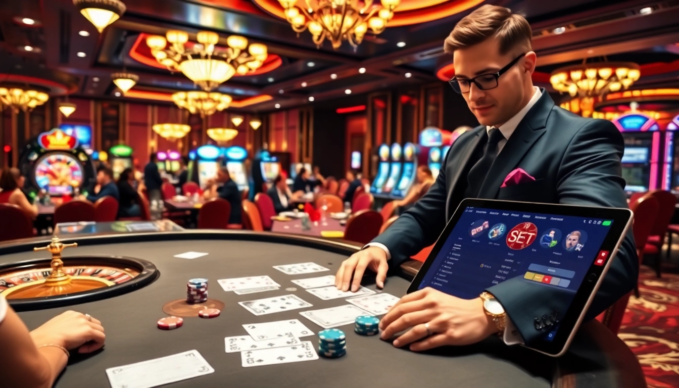 Engaged players enjoying poker and roulette at a casino, highlighting the excitement of SAO BET wagering.