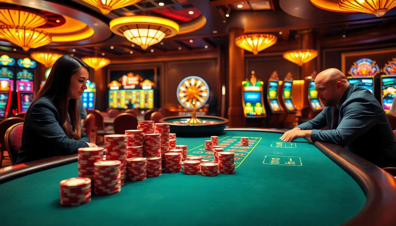 Engaging players at poker and roulette tables representing https://99win1.us.com/ with vibrant casino atmosphere.