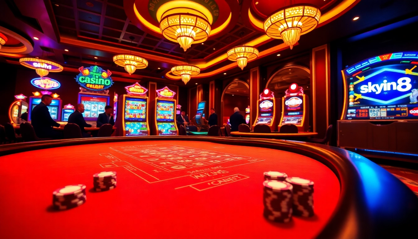 Engage in thrilling games at casino sky88 with vibrant slot machines and elegant casino tables.