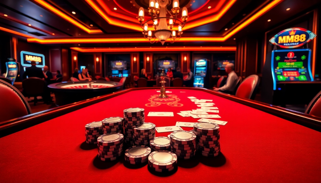 Engaging MM88 casino poker action with players, chips, and roulette wheel in a luxurious setting.