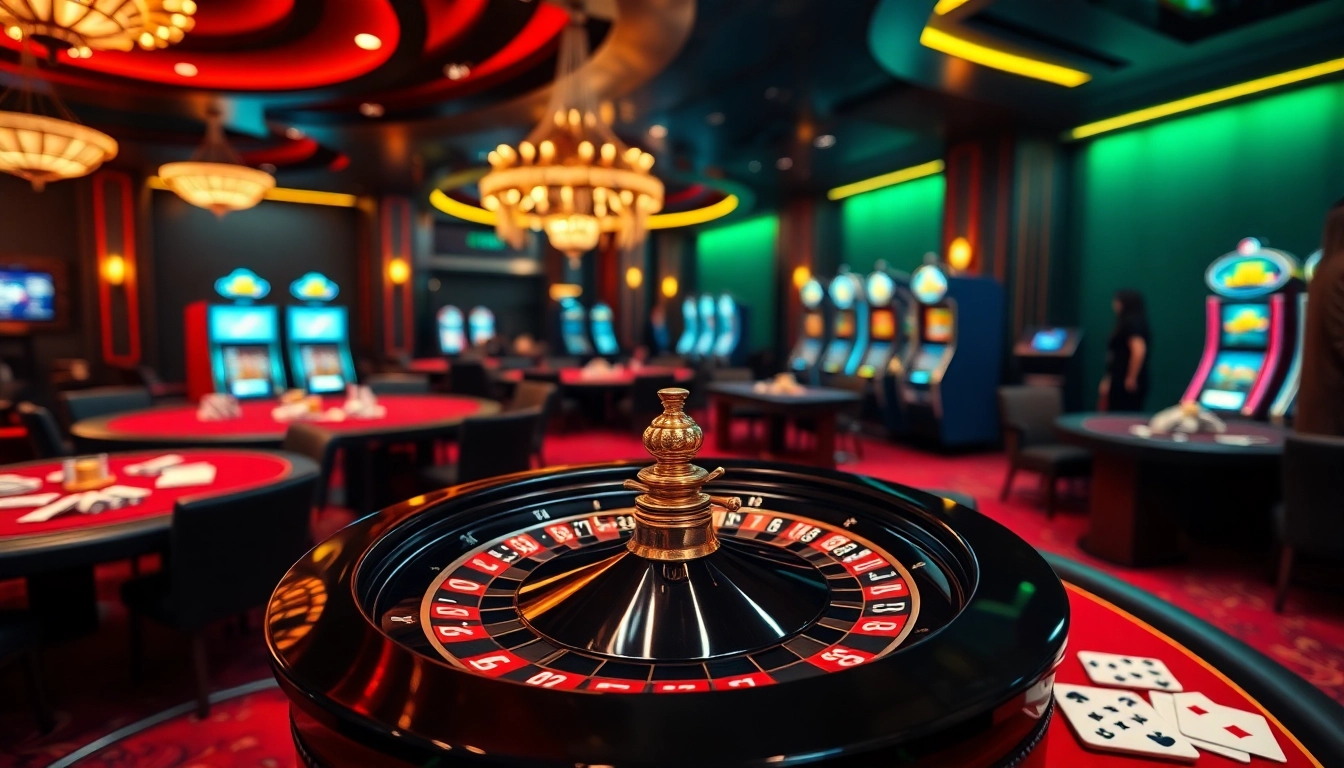 F168 casino scene showcasing roulette and poker excitement with vibrant chips and cards.