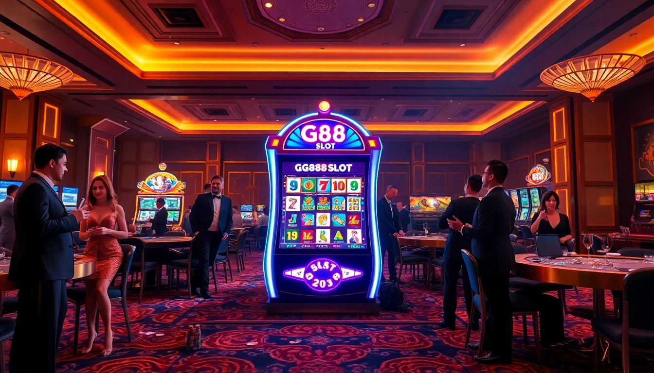 Players enjoying the excitement of GG88 SLOT in a vibrant, luxurious casino setting.