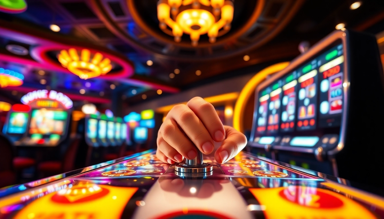 Engaging scene of birutoto with players pulling slot machines in a luxurious casino setting.