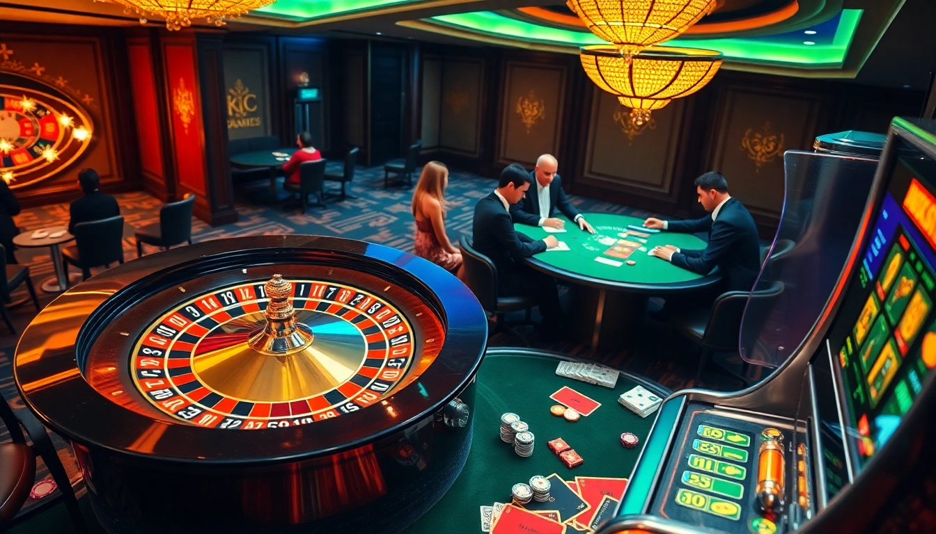 KJC casino scene displaying players at a roulette wheel and poker table, enhancing the gambling experience.