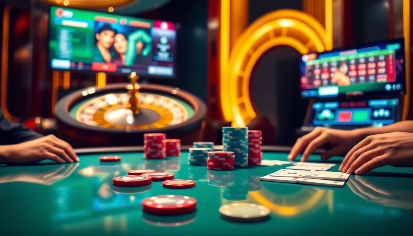 Exciting casino action at the poker table featuring https://jun88buzz.info/ with colorful chips and cards.