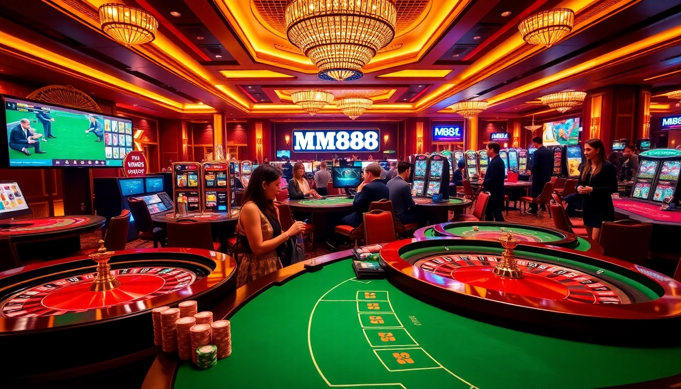 Experience the thrill of MM88 with a vibrant casino scene featuring tables, chips, and games.