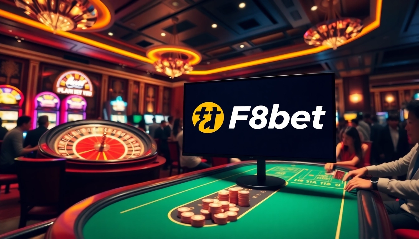 Experience the excitement of F8bet trang chủ nhà cái with players at a vibrant casino scene.