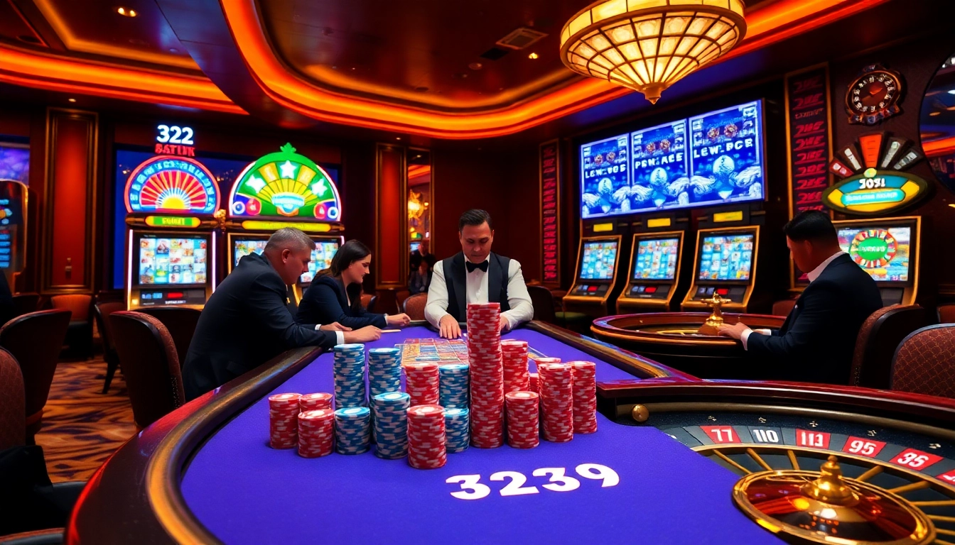 Players enjoying a thrilling poker game at 32win's vibrant casino with colorful chips.