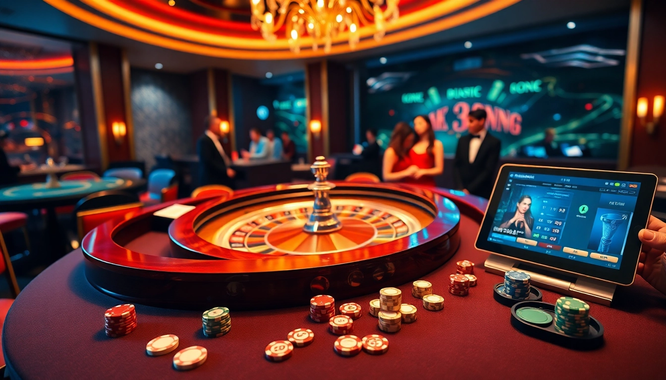 Engaging players at a luxurious casino table featuring ta88c branding, chips, and cards.