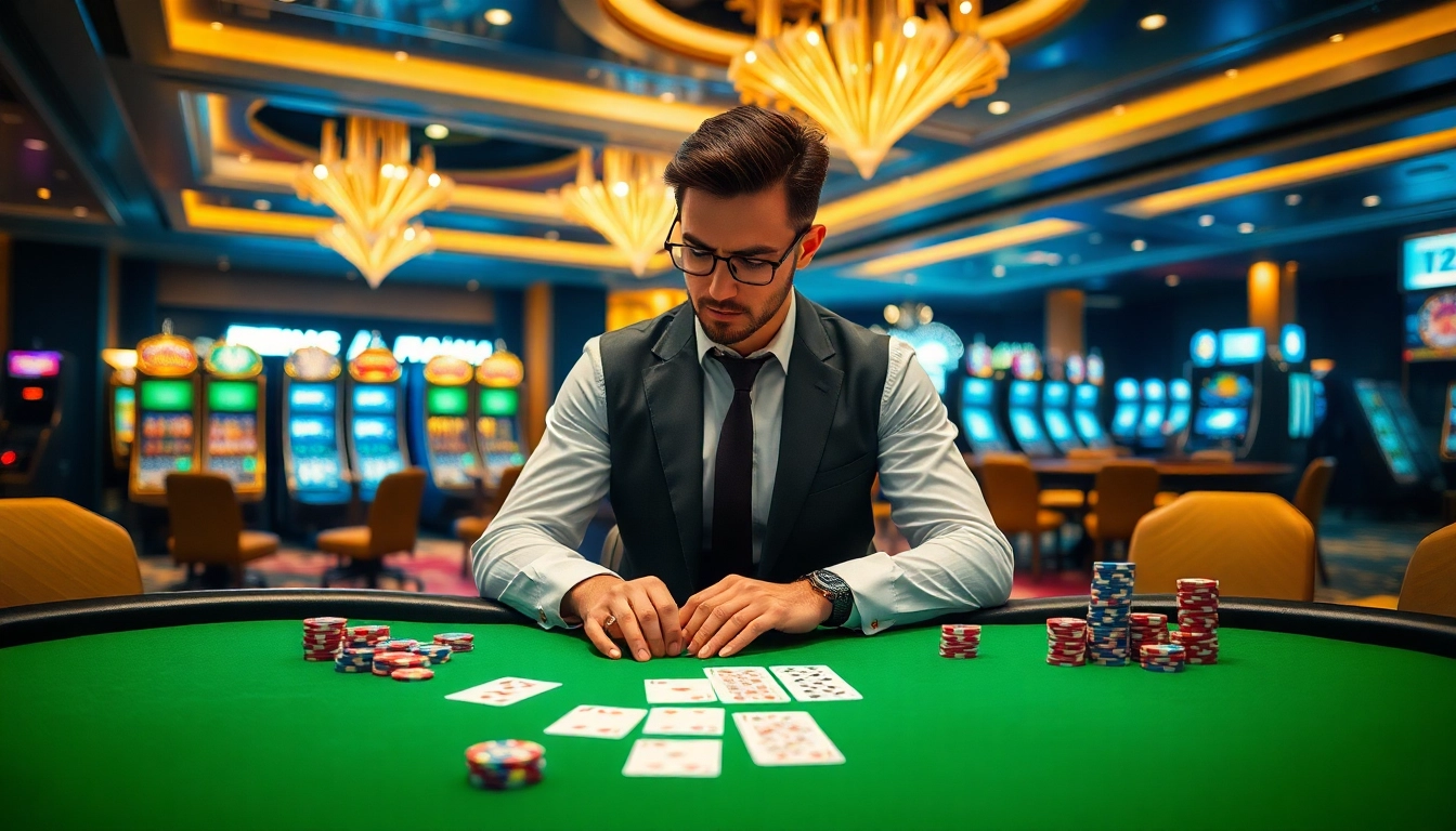 Kèo nhà cái w88 showcased in an elegant casino setting with poker chips and cards on a lively table.