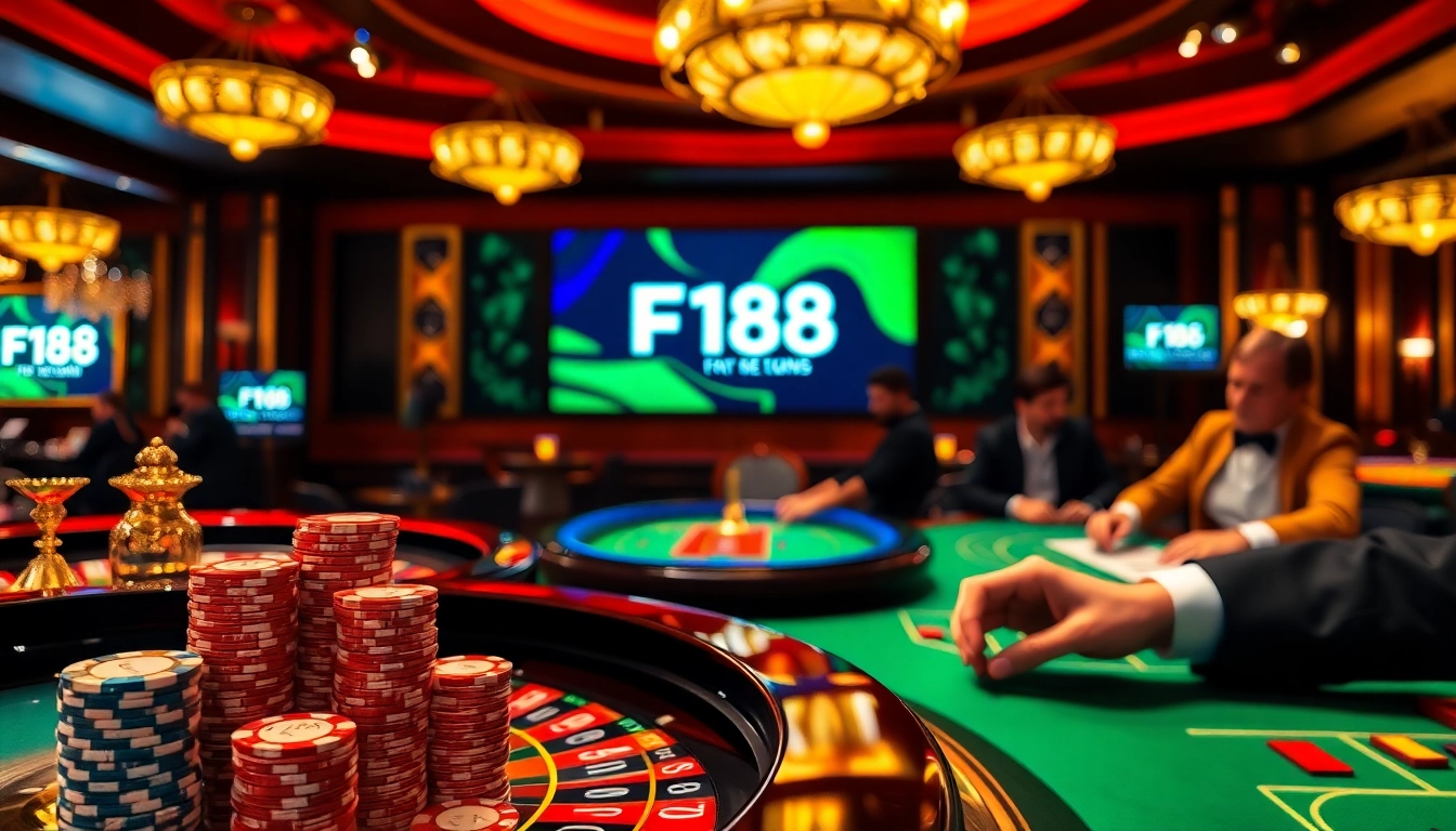 Engaging gaming scene featuring F168 at a casino table with poker chips and players enjoying blackjack.